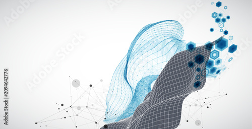 Grid geometric landscape with plexus particles and hexagonal elements. Vector template for tech banner or science presentation.