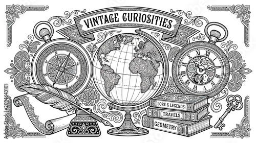 Vintage Curiosity Shop Illustration: Globe, Compass, Watch, Books, Quill Pen