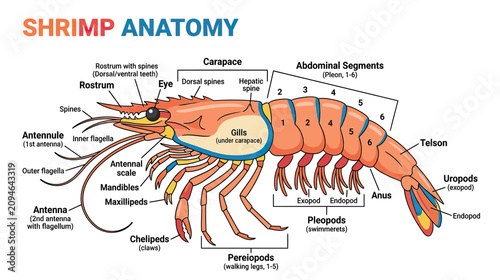 Shrimp Anatomy Diagram: Detailed illustration of crustacean body parts and labels