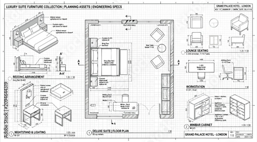 Obraz na płótnie Luxury hotel suite furniture planning and engineering specifications sheet