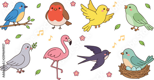 Foto Cute bird cartoon vector illustration collection featuring bluebird, robin, cana