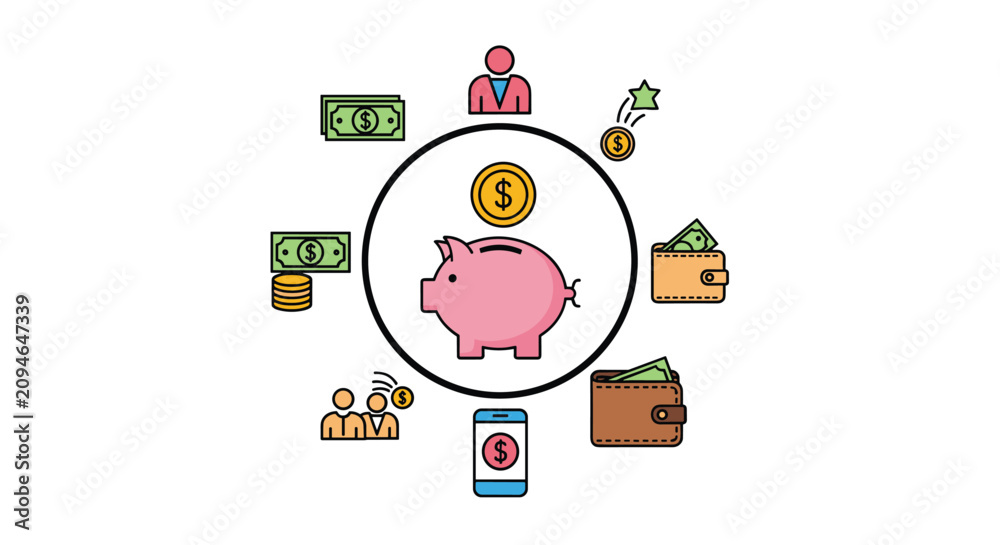 Fototapeta premium Piggy bank savings concept illustration with financial icons of money bills, wallets, coins, and mobile banking.
