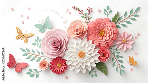 Decorative paper flowers and butterflies composition