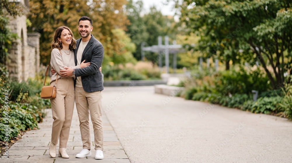 Fototapeta premium Smiling couple standing together outdoors. Loving man and woman embracing in park. Romantic partners posing.