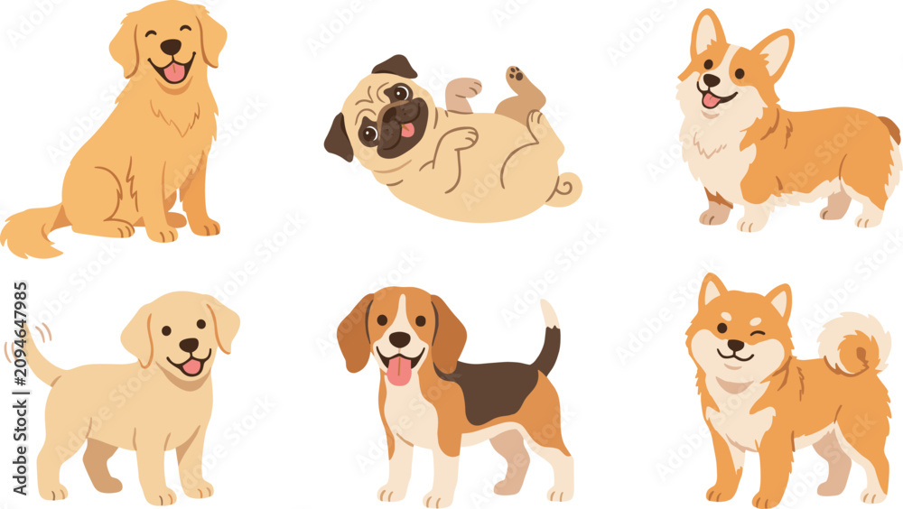 Obraz premium Cute dog cartoon vector illustration collection featuring Golden Retriever, Pug, Corgi, Labrador, Beagle and Shiba Inu pet character poses isolated on white background
