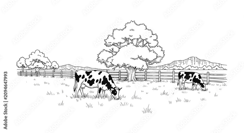 Obraz premium Beautiful hand-drawn vintage style sketch of cows grazing peacefully in a farm pasture with old trees and wooden fence.