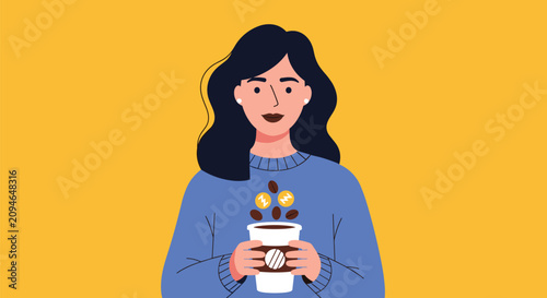 Young dark-haired woman holding a paper coffee cup with floating coffee beans and gold coin icons on yellow.