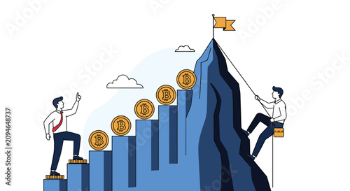 Businessman climbing a steep blue mountain with gold bitcoin coins at various steps, representing the difficult climb to crypto wealth.