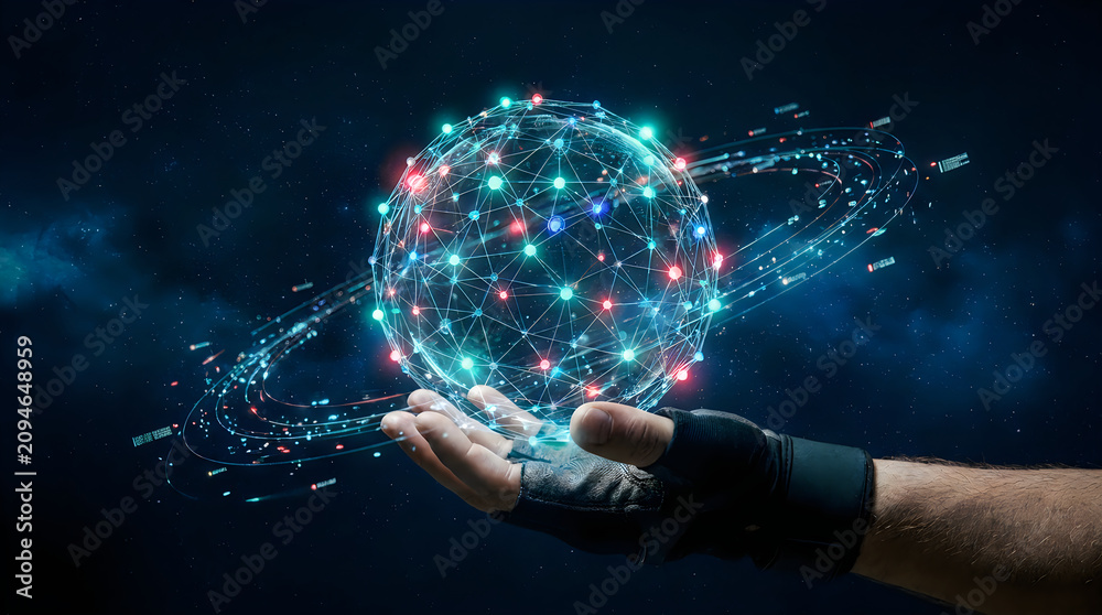 Fototapeta premium Human hand wearing a fingerless glove holding a glowing network sphere with interconnected nodes against a dark blue background.