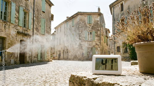 Hot summer day in old European village street with thermometer showing 41 degrees celsius, person watering plants to cool down.