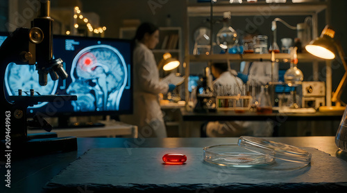 Medical research laboratory with microscope, brain scan, pill and scientists working in background.