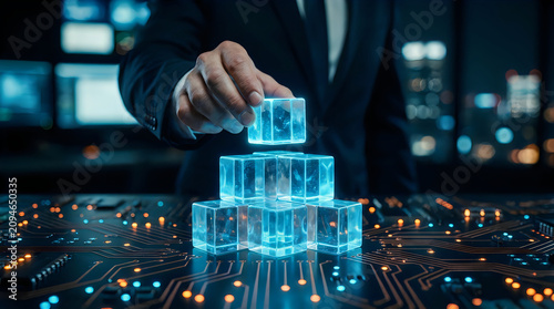 Businessman stacking glowing cubes representing blockchain technology and digital transformation, concept of innovation and data management solutions.