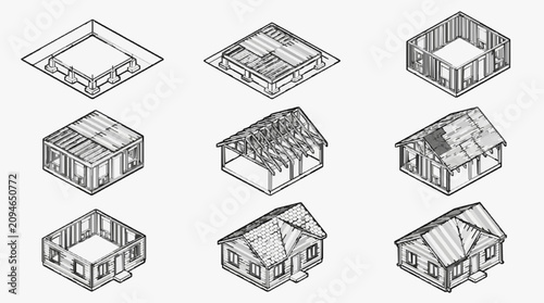 Obraz na plátně Clean Architectural Isometric Sketches of House Construction Stages in Monochrom