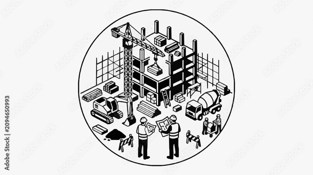 Obraz premium Corporate Construction Site Black and White Isometric Diagram Featuring Workers Machinery and Building Materials