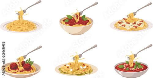 Flat vector illustration set of Italian spaghetti dishes carbonara bolognese meatballs and aglio olio isolated on white background