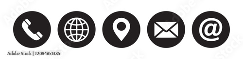 Bild auf Leinwand Contact information icons phone globe map email and at symbol in black circles on grey background
