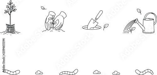 Gardening and planting vector icon set with sapling tree gloved hands planting seedling garden trowel shovel watering can and earthworms in soil