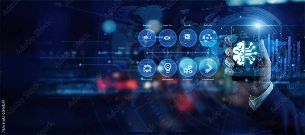 Fototapeta premium Lead developer holding a mobile phone analyzing global Machine Learning data on a holographic world map. Futuristic technology, secure network connections, and advanced data visualization.