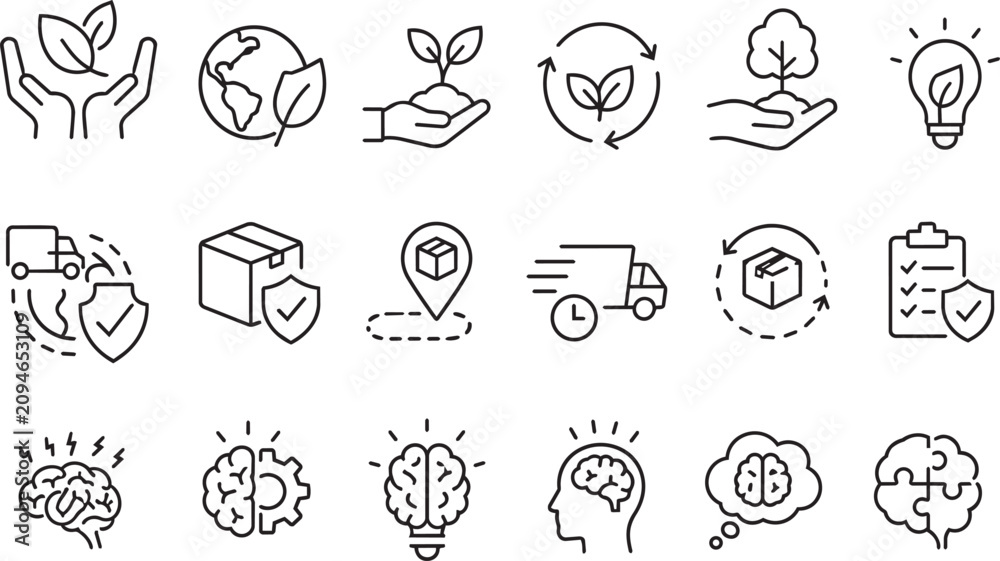Fototapeta premium Sustainability and eco business line icons set with recycling, renewable energy, green technology, logistics and environmental protection