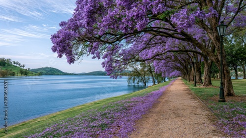 A scenic lakeside path lined with blooming purple jacaranda trees