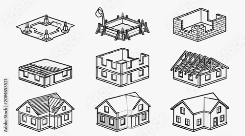 Cuadro en lienzo Creative Isometric Line Drawing Illustrations of House Construction Stages from