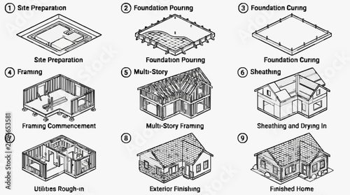 Bild auf Leinwand Creative Step by Step Black and White Illustrated Guide to House Construction Pr