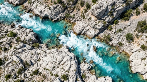 Aerial Perspective of Turquoise River Rapids in Limestone Canyon; Adventure Travel Website Banner and Hero Header Wide Background