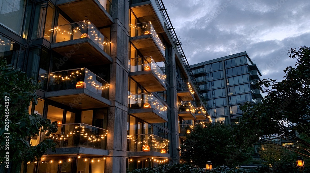 Fototapeta premium Balconies illuminated with warm string lights and jack-o'-lanterns at dusk