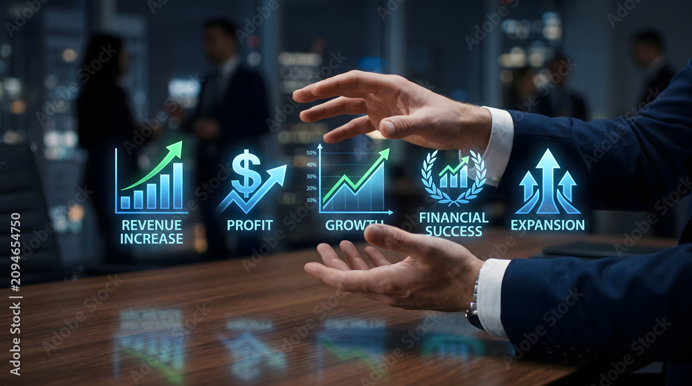 Fototapeta premium Hands interacting with virtual business growth icons showing revenue, profit, and financial success in a corporate office