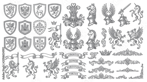 Photos Medieval Heraldry Symbols: Coats of Arms, Crests, Shields, Lions, Unicorns