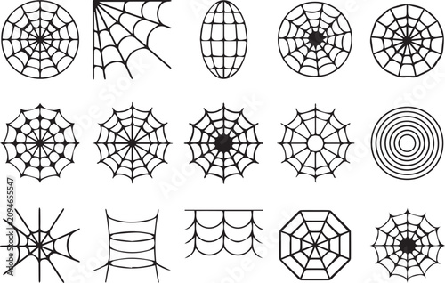 Spider web vector icons set, minimalist black silhouette cobweb design elements for Halloween