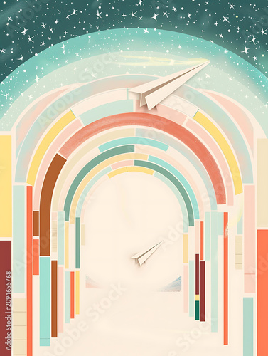 Surreal geometric archway illustration with paper plane and starry sky offering vertical negative space designed for mobile learning app backgrounds and creative writing contests.