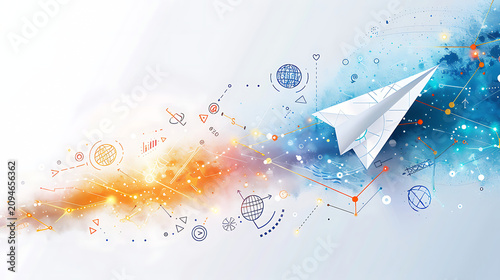 Creative business concept illustration of paper plane with colorful watercolor network nodes providing directional flow for tech startup web headers and corporate strategy presentations.