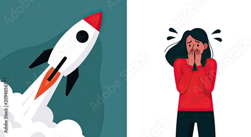Rocket launch on left, anxious person with hands over mouth on right
