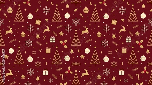 Minimalist Christmas Seamless Pattern with Gold Line Art Trees, Reindeer, and Ornaments on Dark Red Background


