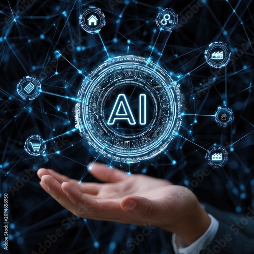 Human hand presenting glowing AI digital network with connected icons