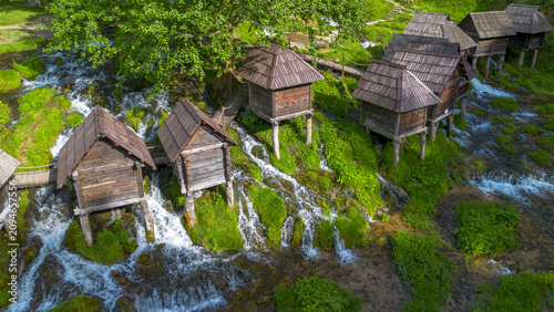 Aerial View of Historic Pliva Wooden Watermills on Waterfalls in Jajce Bosnia and Herzegovina