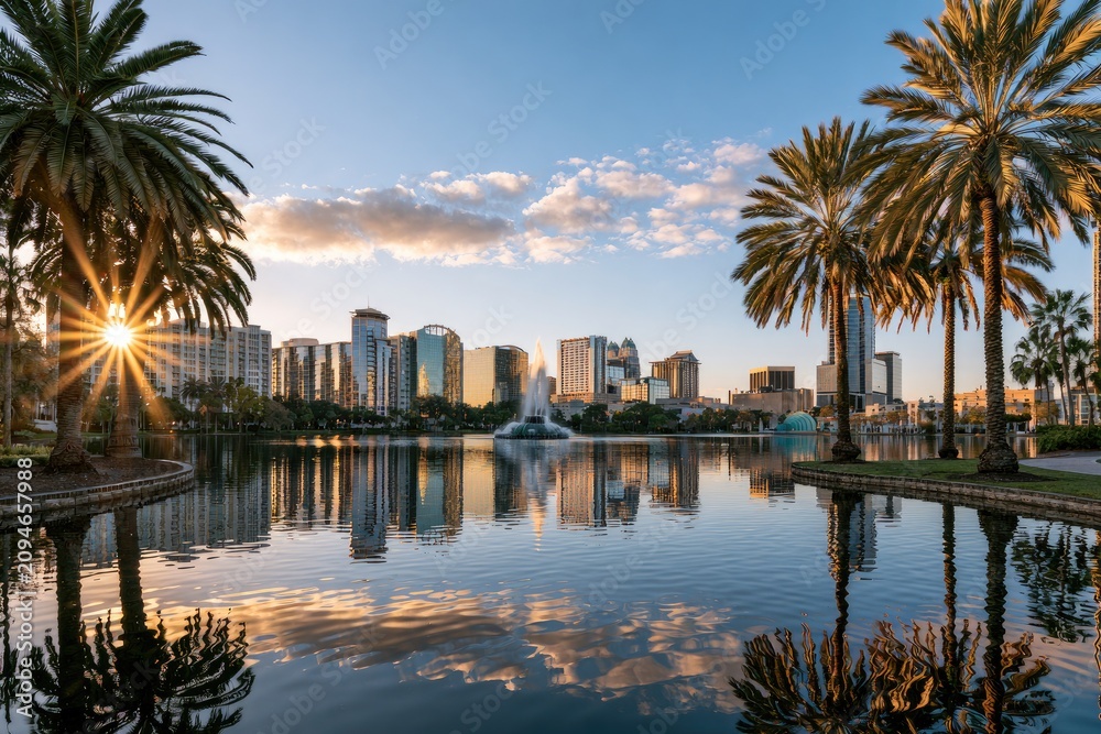 Obraz premium Tropical city skyline reflected in calm water at sunrise, palm trees frame view