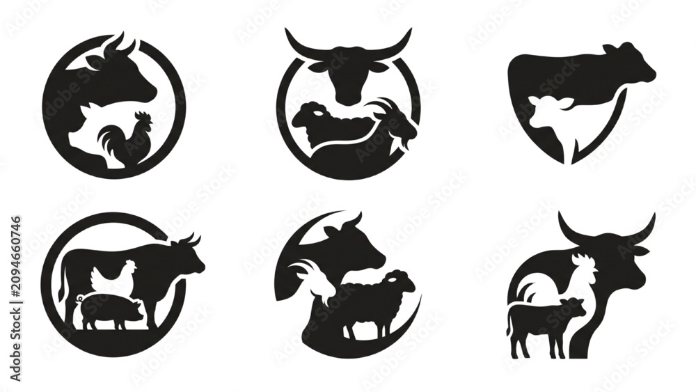 Obraz premium A set of six black and white farm animal logo icons, each featuring a cow, sheep, pig, chicken or bull