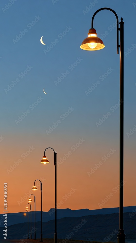 Obraz premium A serene twilight sky with a line of vintage lampposts illuminating a path