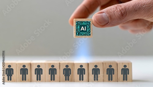 Hand places AI cube on row of people-shaped blocks