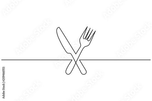 Knife and fork crossed symbol continuous single line art style vector illustration