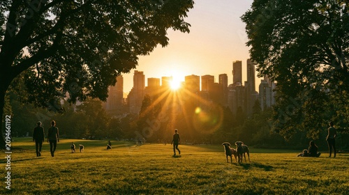 City skyline viewed through trees at sunset, people and dogs in a grassy park