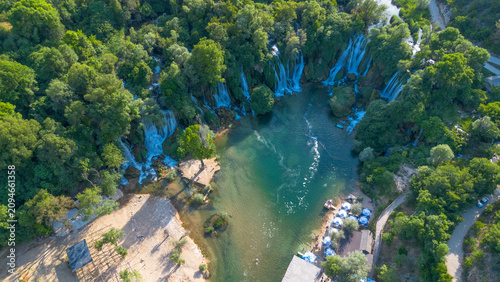 Top Down Aerial View of Beautiful Kravica Waterfalls and Turquoise Lake in Bosnia and Herzegovina