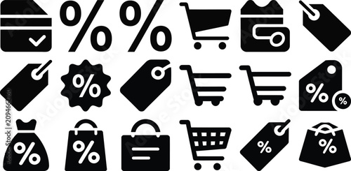 Collection of black shopping icons representing retail sales and commerce