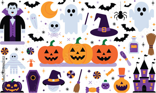 Set of Halloween Icons with Pumpkins Ghosts and Vampire in Flat Style