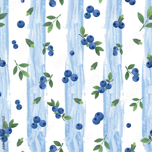 Seamless vector pattern featuring hand-drawn blueberries, leaves and soft watercolor brush stripes. Airy botanical repeat background suitable for textile, fabric, wrapping paper, packaging, wallpaper,