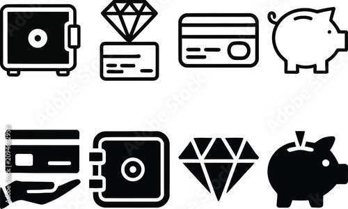 Black and white financial icons set featuring safe diamond card and piggy bank