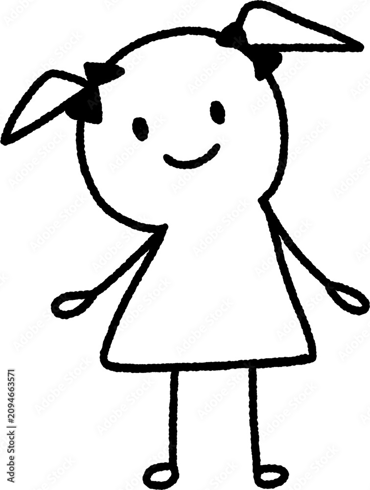 Fototapeta premium Cute child drawing of a smiling girl with pigtails, white chalk style doodle illustration