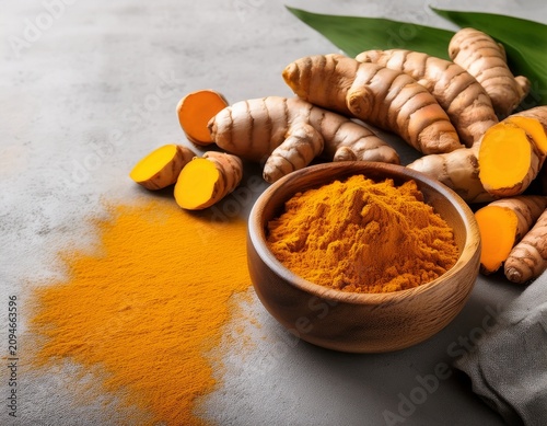 turmeric and giger powder in wooden bowl and fresh turmeric root on grey concrete background banner with copy space